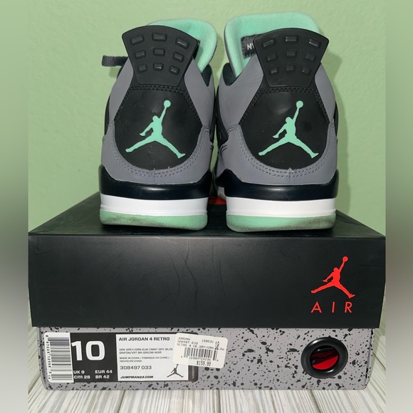 PreOwned/Lightly used:Air Jordan 4 Retro:Drk Grey/Green Glow-Cmnt gry blk,Sz 10 - Picture 9 of 14